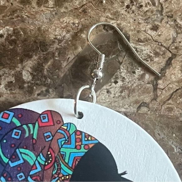 African Round Wooden Head Wrap Dangle Earrings - Picture 5 of 8